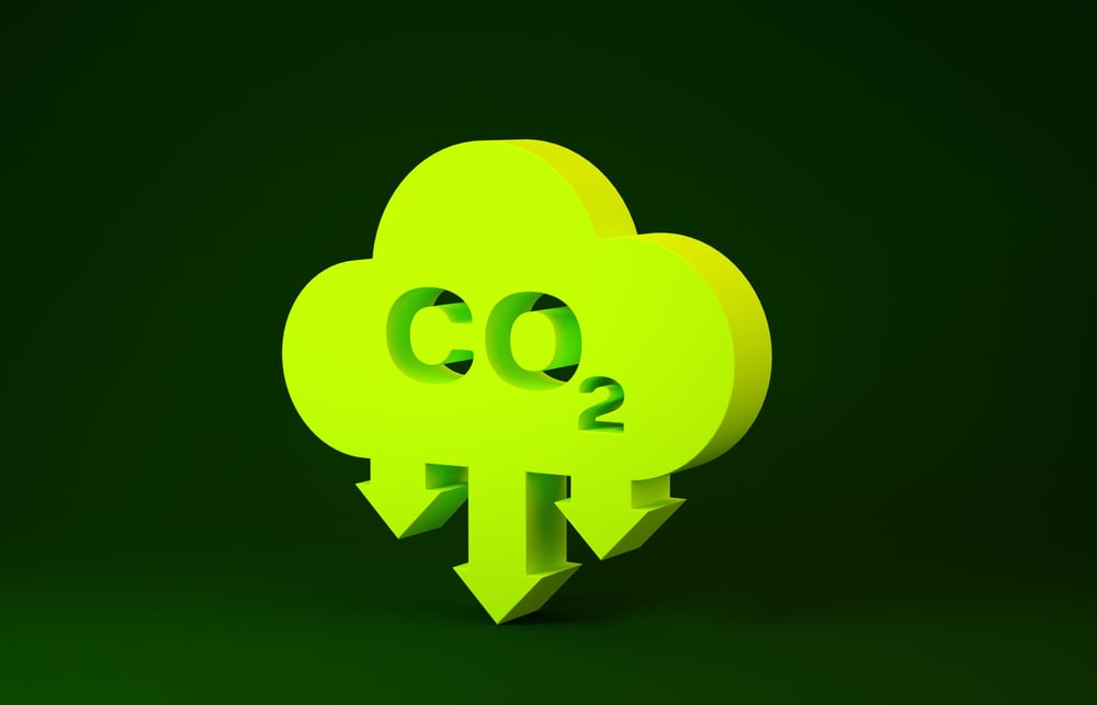 Yellow CO2 Emissions in Cloud Icon Isolated on Green Background. Carbon Dioxide Formula Symbol, Smog Pollution Concept, Environment Concept. Minimalism Concept. 3D Illustration 3D Render