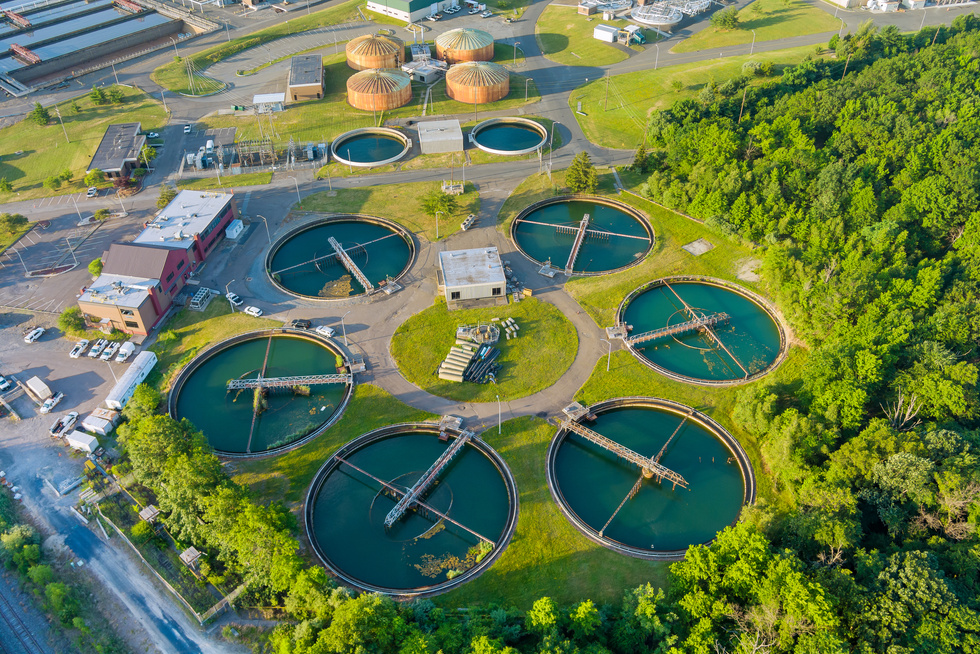 Aerial View Recirculation Sedimentation Tank, Water Treatment Plant for Big City from Water Management